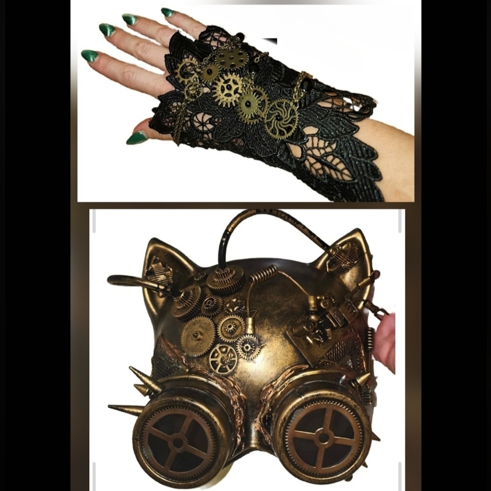 Steam Punk Bronze Cat Google Mask & Black Lace Wristlette Glove